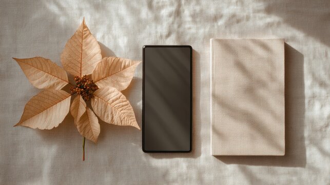 Autumn flat lay with poinsettia, smartphone, and notebook for seasonal inspiration and design