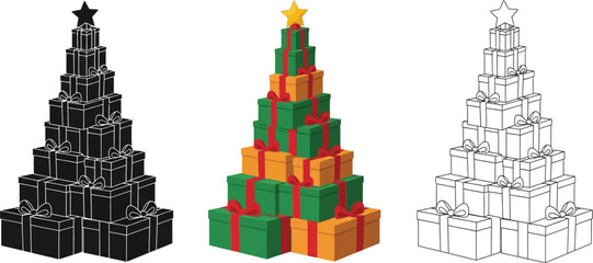 Christmas tree made of gift boxes hand drawn illustration of holiday present for new year celebration