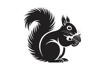 Stylized black silhouette of a squirrel holding an acorn