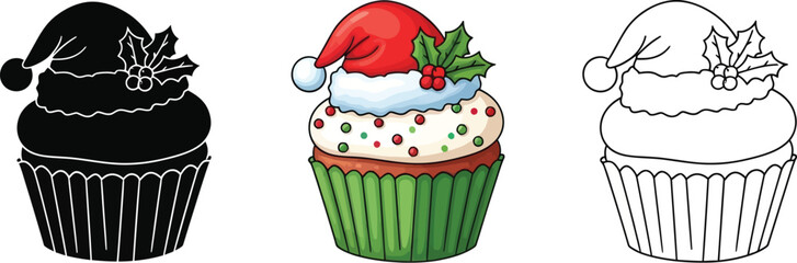Three variations of a christmas cupcake with santa hat and holly, including a color version, a black silhouette, and a line drawing