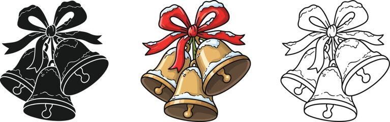 Jingle bells with bow, available in color, silhouette, and outline versions for christmas decoration