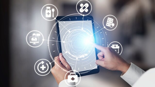 Online pharmacy icons showing medicine, healthcare, prescription and medical services with digital pharmacy, online drugstore, telemedicine and modern pharmaceutical solutions. Gist - Powered by Adobe