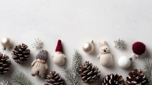 Christmas toys and figurines arranged with pine cones and ornaments, horizontal flat lay for greeting card