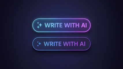 Two neon buttons with the text write with ai on a dark background with a blue and purple gradient glow