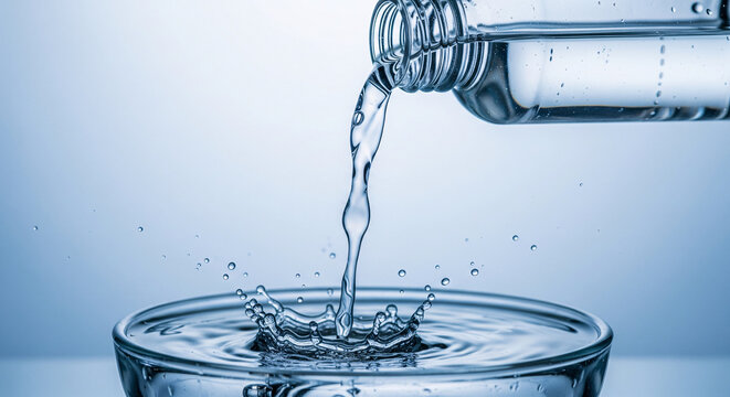 Pouring clear mineral water from a plastic bottle into a glass, creating a dynamic crown splash. High-speed photography captures the motion. Concept for purity, hydration, health, and refreshment.