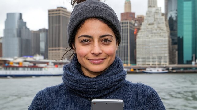 Woman smiles at camera, holding a smartphone