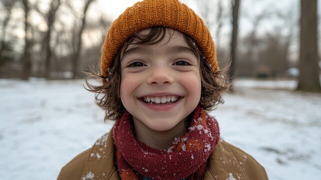 Boy is smiling wearing an orange hat and red scarf while standing in a snowy park in winter