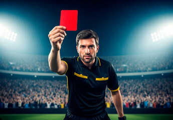 Soccer / football referee holds up a red card toward the camera in the middle of a crowded stadium.