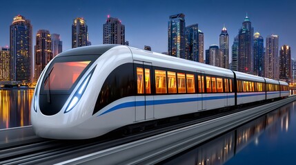 Modern futuristic metro train moving through city skyline at dusk