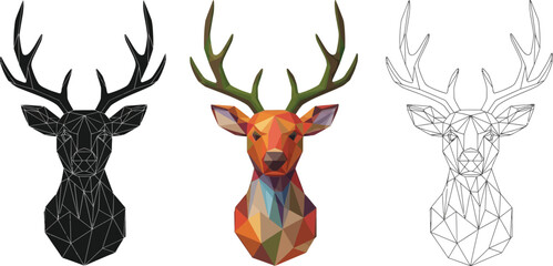 Three deer head illustrations in different styles, showcasing a geometric and artistic representation of wildlife