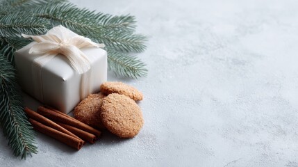 Christmas composition with gift box, cookies, fir branches, and cinnamon sticks, copy space