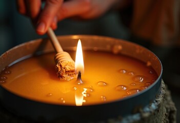 Candle Maker Dipping Wicks in Liquid Beeswax Artisan Craftmanship Process Studio Workshop