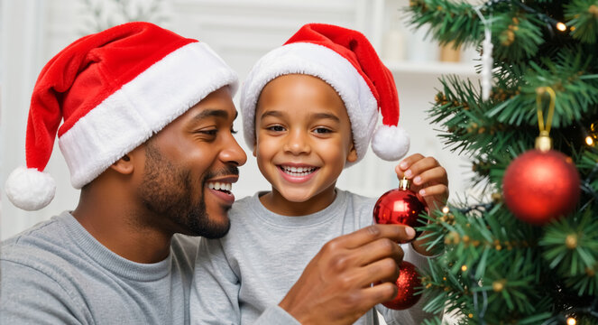 Happy black father and son decorating a Christmas tree at home. Smiling family in Santa hats hanging red ornaments for the holiday season - Powered by Adobe