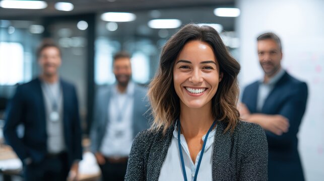 Confident businesswoman smiling in modern office with colleagues in background during workday