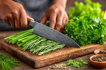 Chef chopping fresh herbs on a wooden board
