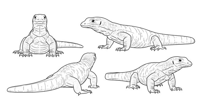 Detailed line art of monitor lizards in various poses on white background