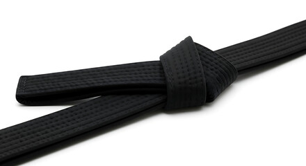 A close up shot of a tied black belt resting on a white surface in a studio environment setting ai generated