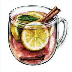Watercolor hot drink with lemon, mint leaf, and cinnamon stick in glass mug. Warm beverage for winter, New Year, Christmas concept.