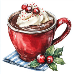 Red mug of hot chocolate with whipped cream, cranberry and sprinkles. Watercolor illustration for Christmas and New Year holiday drink concept.