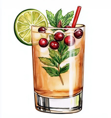 Watercolor cocktail with cranberries, lime, and mint. Refreshing drink illustration for a party, New Year occasion or Christmas celebration.
