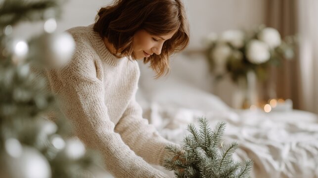Relaxed festive moment with woman decorating a mini Christmas tree, warm room and holiday items around