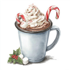 Watercolor illustration of a cozy hot chocolate mug for greeting card design. Winter beverage with whipped cream and candy cane.