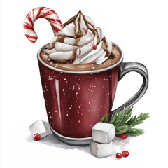 Watercolor illustration of hot chocolate with whipped cream and candy cane. Holiday beverage for Christmas drink menu. Cozy winter season.