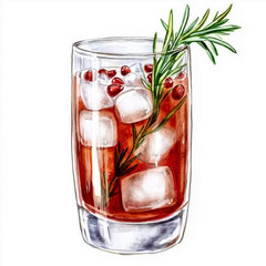 Watercolor illustration of a red cocktail drink with ice, pomegranate seeds, and rosemary garnish. Beverage for party, Holiday, New Year.