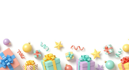Christmas and New Year holiday party border background 3D render cute cartoon pastel aesthetic scattered gift boxes ornaments stars confetti ribbons design