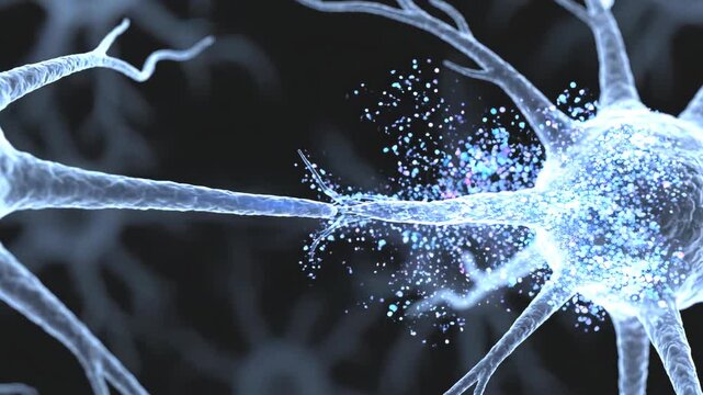 Close-up medical animation of a glowing impulse firing across a synapse between two blue neurons on a dark background
