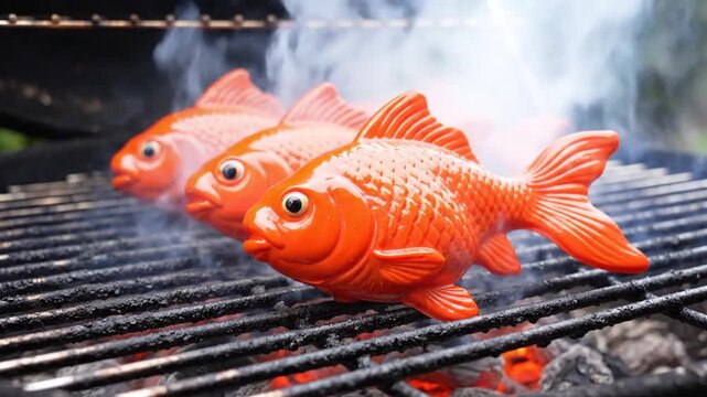 Orange fish figurines on barbecue grill with smoke close up view