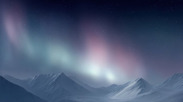Peaceful snowy mountain scene glowing under colorful Aurora Borealis, festive night environment