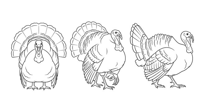 Expressive turkey line art: three unique poses highlighting bold feather patterns