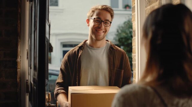 Friendly delivery man smiles as he hands a cardboard package to a woman at her front door, illustrating fast e commerce shipping, reliable courier service and happy customer experience - Powered by Adobe