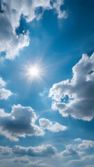 Blue Sky with White Cumulus Clouds and Sunburst Light
