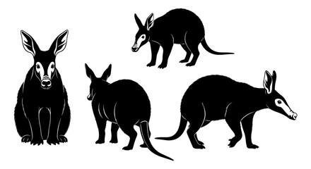 Aardvark silhouette collection: stylized black and white animal poses