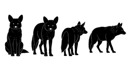 Obraz premium Silhouette collection of african wild dogs in various poses on white background