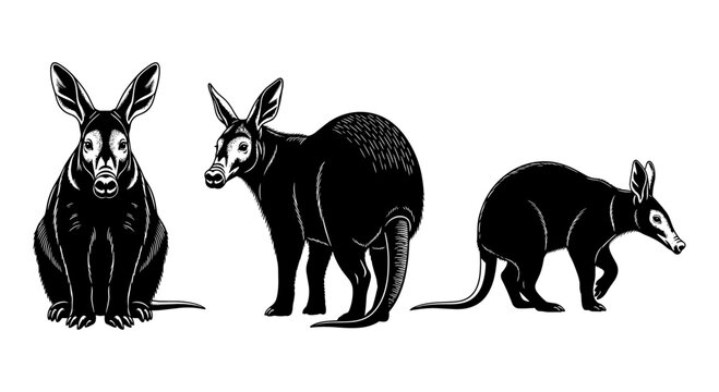 Hand-drawn aardvark illustrations in black and white silhouette style