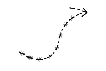 Ants creating a dashed arrow path, symbolizing collaboration, direction, and progress on a transparent background