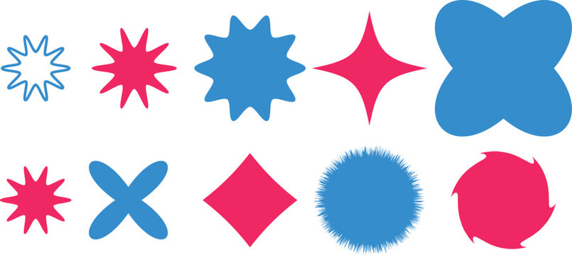 Set of ten isolated abstract geometric shapes like stars and crosses in blue and pink