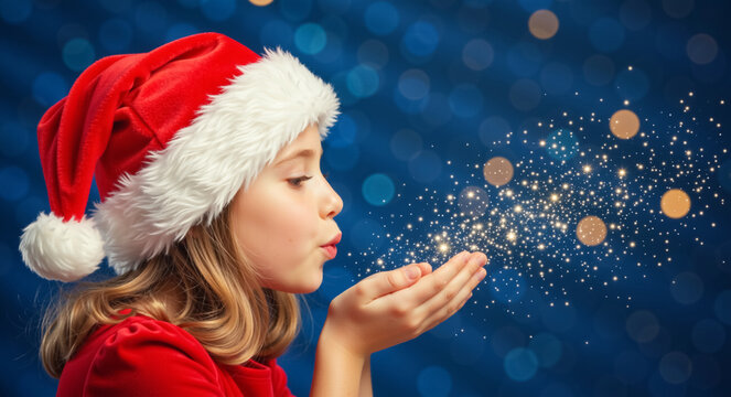 Child in a Santa hat blowing magic sparkles from her hands. Little girl making a Christmas wish on a festive blue background. Winter holiday and New Year concept