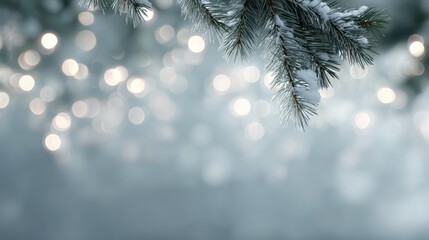 Elegant winter holiday backdrop with decorated fir branches and soft glowing Christmas lights