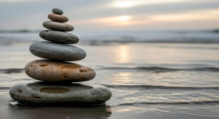 stack of smooth stones balanced carefully, calm zen composition, muted tones