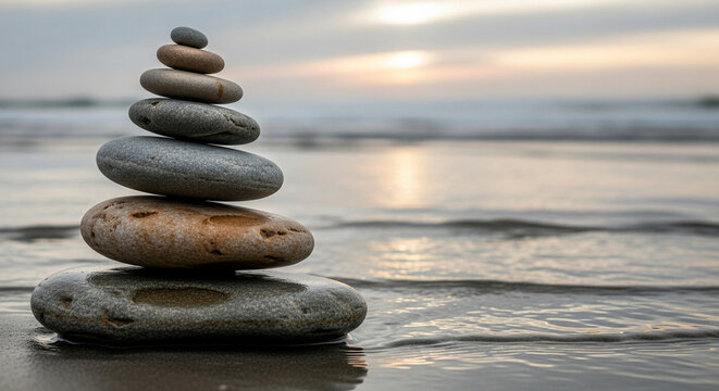 stack of smooth stones balanced carefully, calm zen composition, muted tones