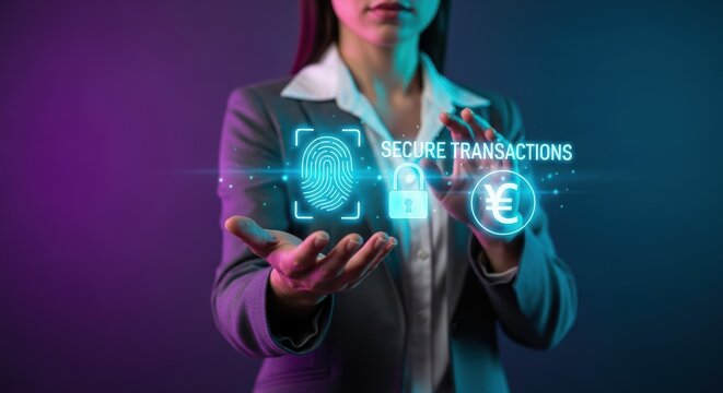 Woman presents secure transactions with fingerprint lock and digital currency for finance and online safety in business - Powered by Adobe