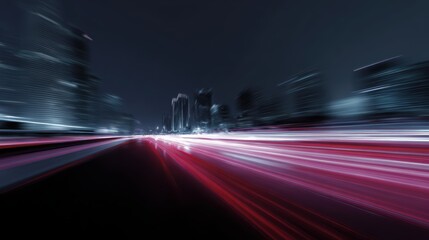 Abstract panoramic scene of neon light trails rushing through a modern city, fast data movement theme
