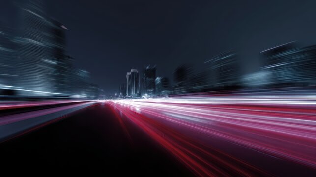 Abstract panoramic scene of neon light trails rushing through a modern city, fast data movement theme