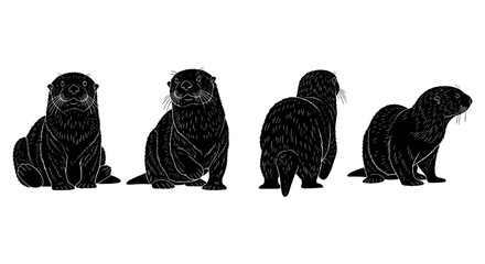 Otter silhouette set: various poses on white background