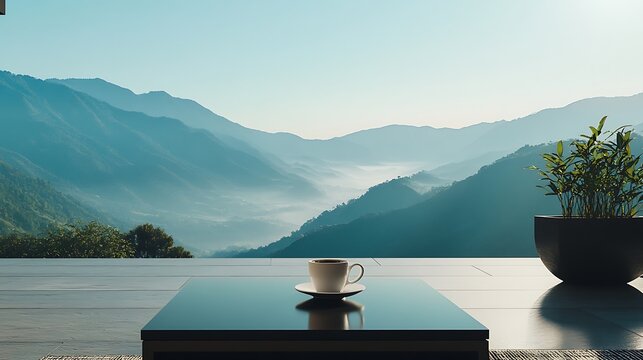 Morning coffee with a view of misty mountains and lush greenery