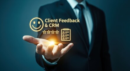 Businessman presenting client feedback and CRM data using holographic icons conveying positive customer experience and quality service